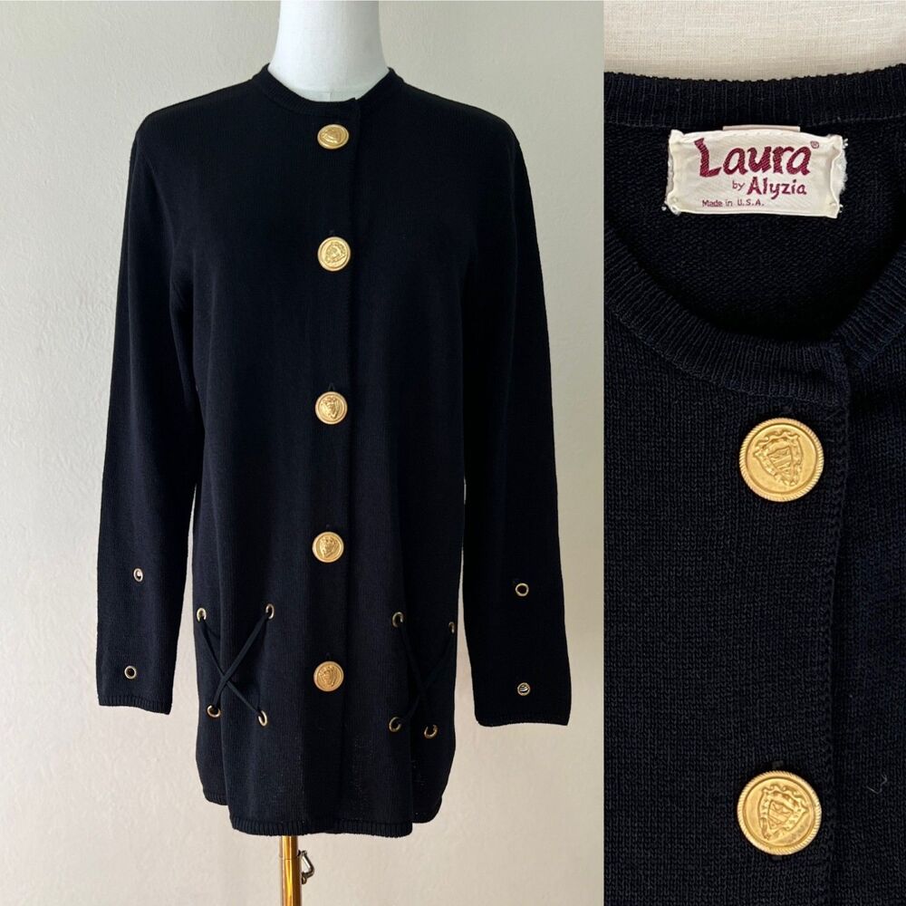 Vintage Laura by Alyzia Dark Academia Longline Black Cardigan Gold Buttons Sz 10